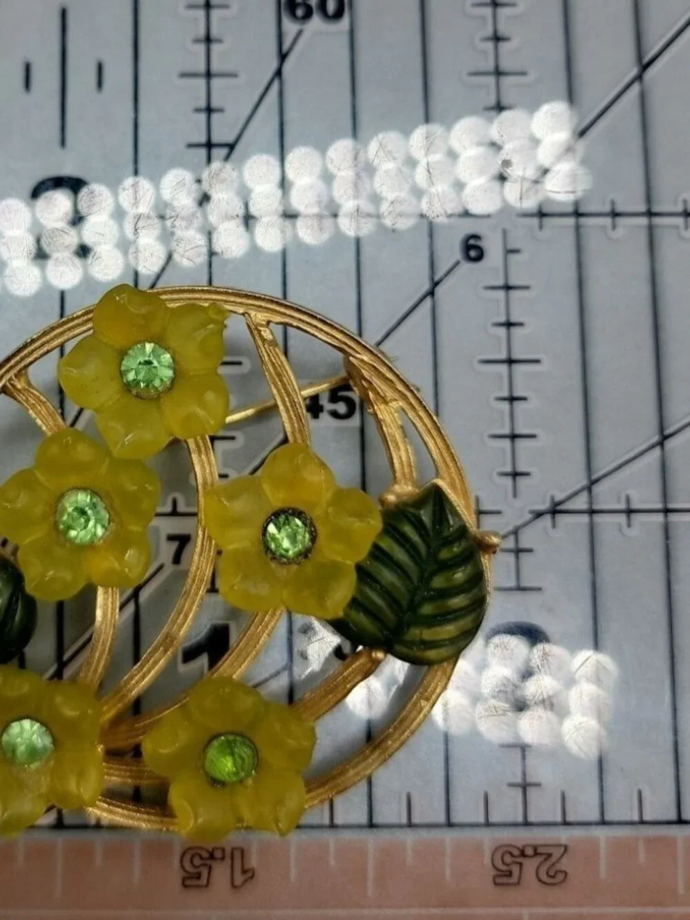VTG Lucite Flower Wreath Brooch Gold Tone Molded Glass Leaf Circle Pin Unsigned